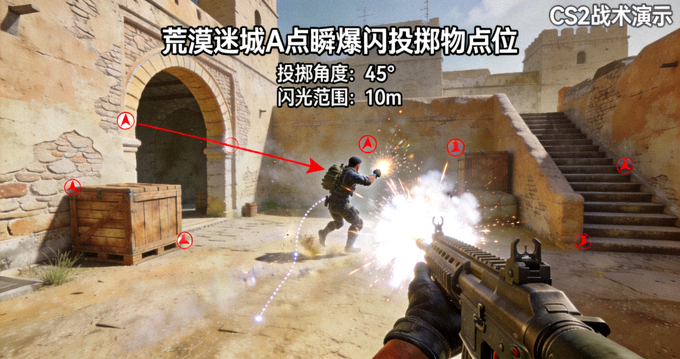 CS2荒漠迷城A点瞬爆闪投掷物高清点位演示画面