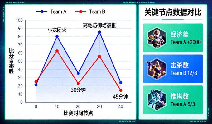 电竞赛事局势胜率走势折线图与关键节点数据分析画面