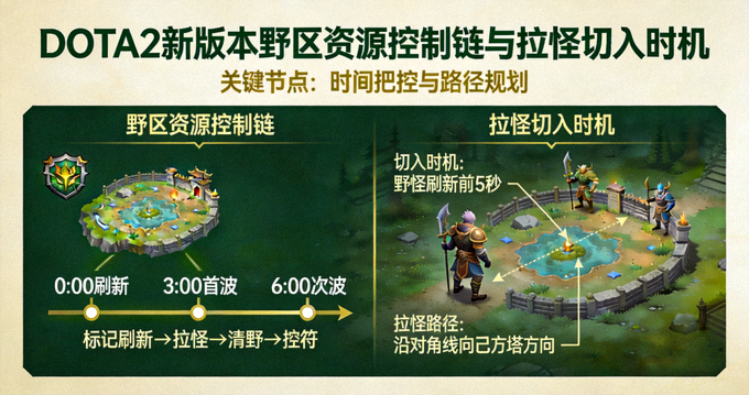 DOTA2新版本野区资源控制链与拉怪切入时机示意图