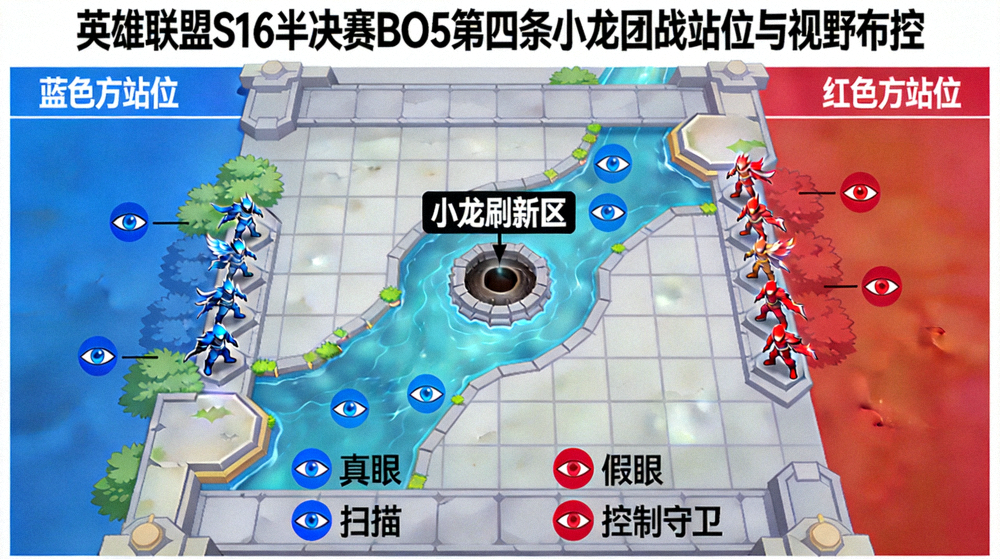 英雄联盟S16半决赛BO5第四条小龙团战站位与视野布控推演画面